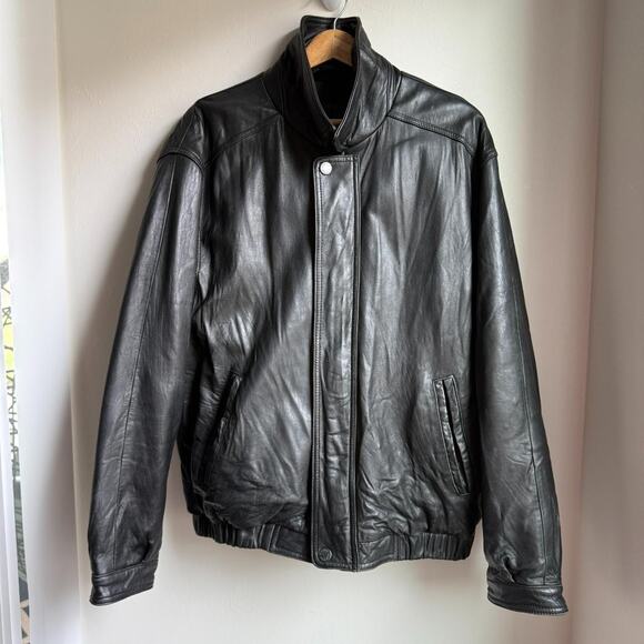 Pierre Cardin Vintage Black Leather Bomber Moto Jacket Men’s L - Picture 1 of 8